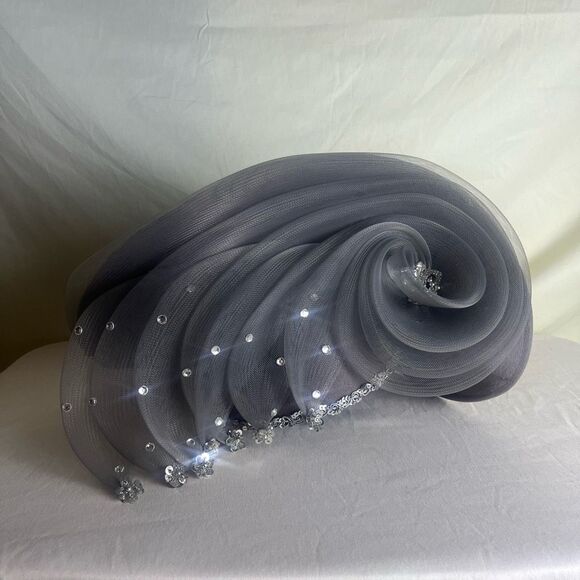 Vintage Fascinator Hat Mesh Ribbon Swirl Sequin Headpiece Gray Wool Chin Strap - Picture 1 of 9
